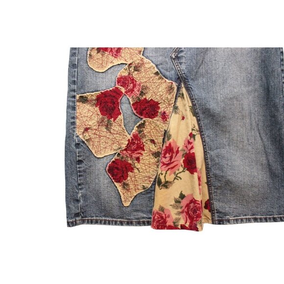 Y2K Express Denim Skirt Size 12 Patchwork Floral Corduroy Boho Festival Artsy - Picture 6 of 12